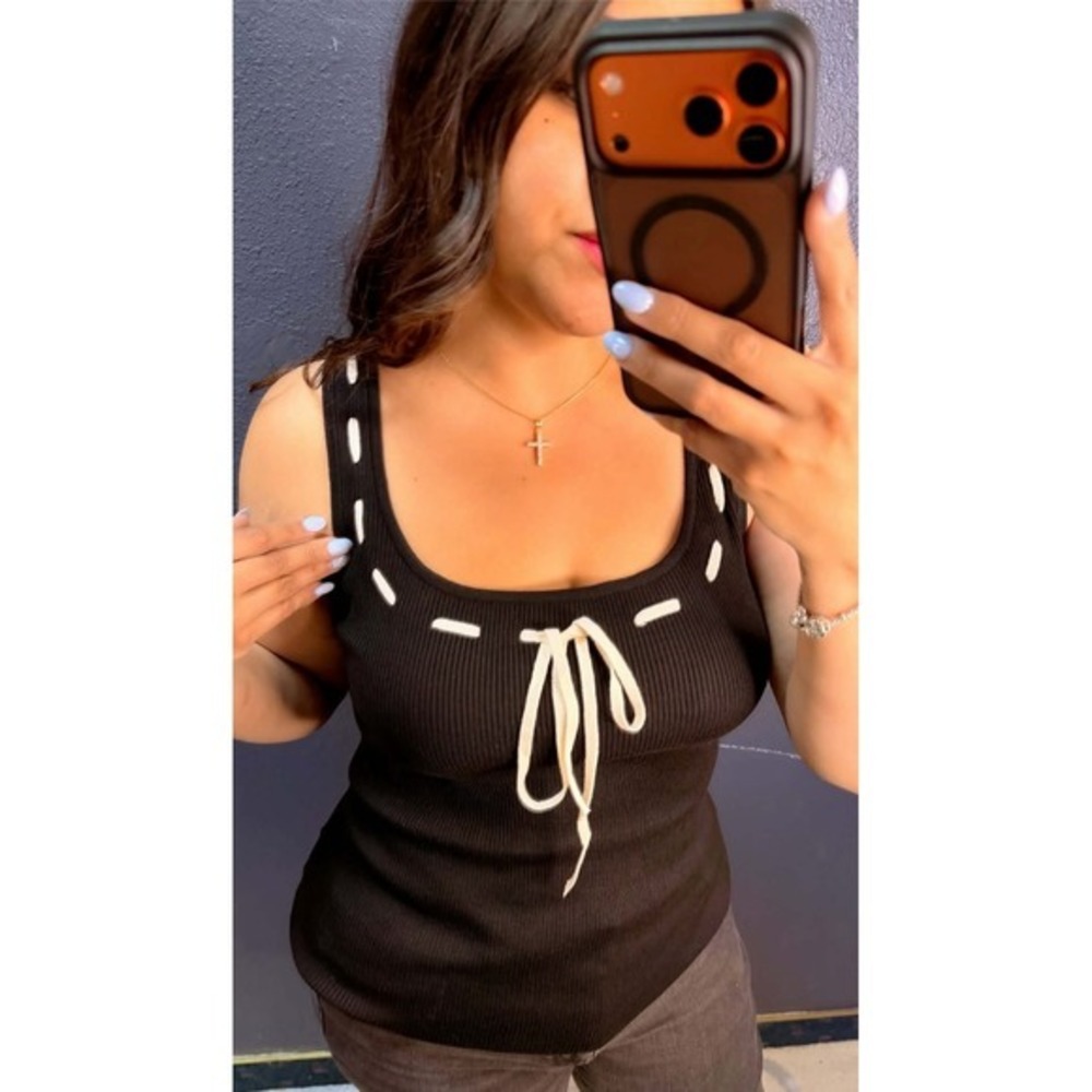 White Birch Women Black Ribbed Knit Tank Top Whipstitch Tie Front Scoop Neck M